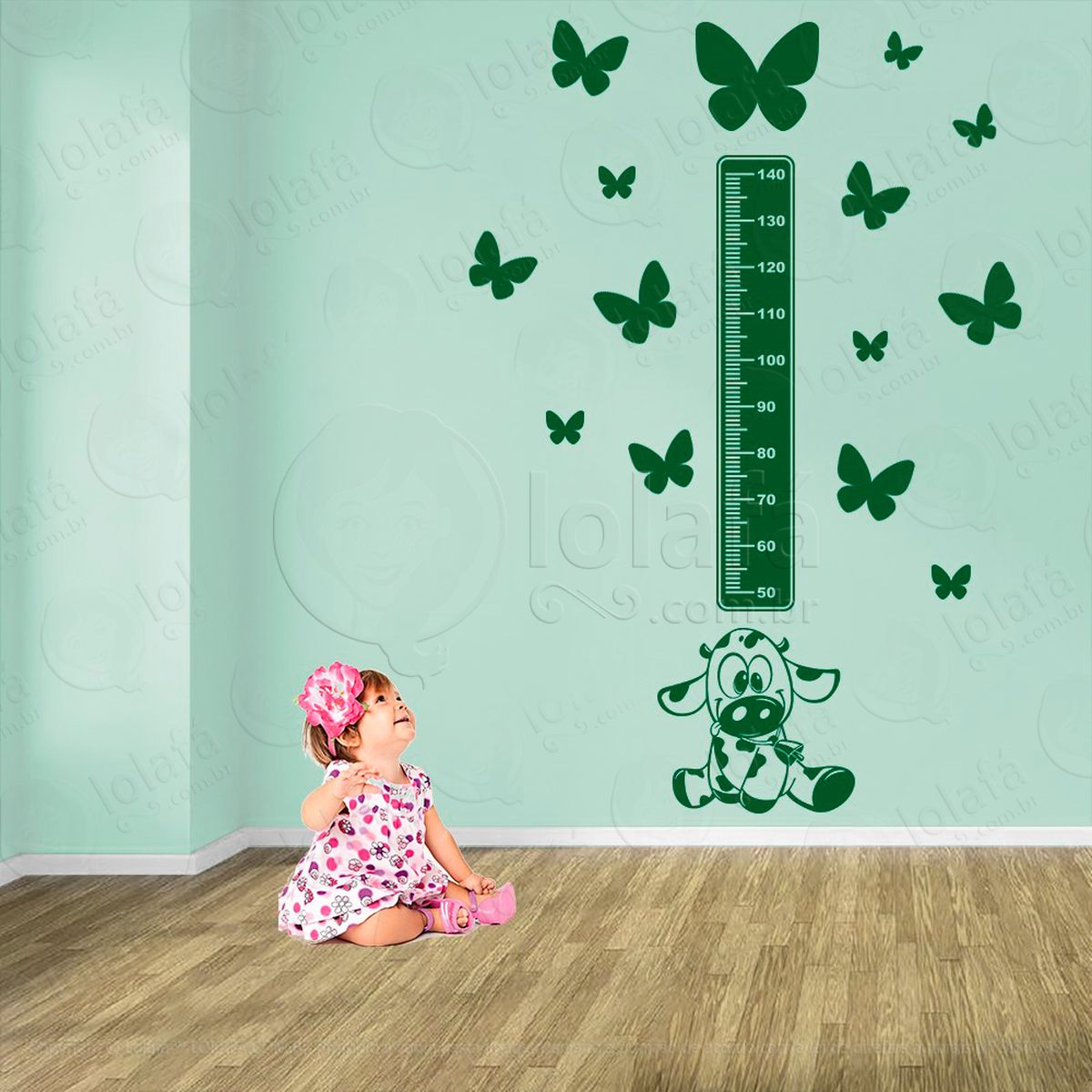 vaca e borboletas adesivo régua de crescimento infantil, medidor de altura para quarto, porta e parede - mod:795