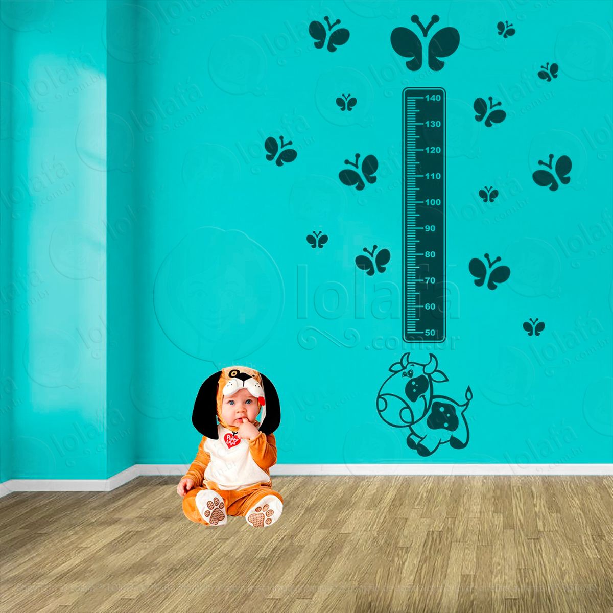 vaca e borboletas adesivo régua de crescimento infantil, medidor de altura para quarto, porta e parede - mod:798