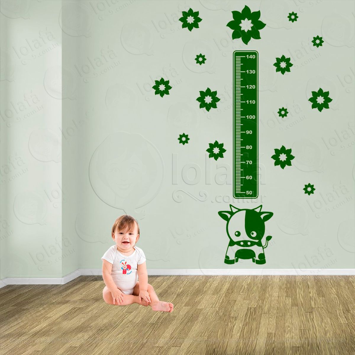 vaca e flores adesivo régua de crescimento infantil, medidor de altura para quarto, porta e parede - mod:799