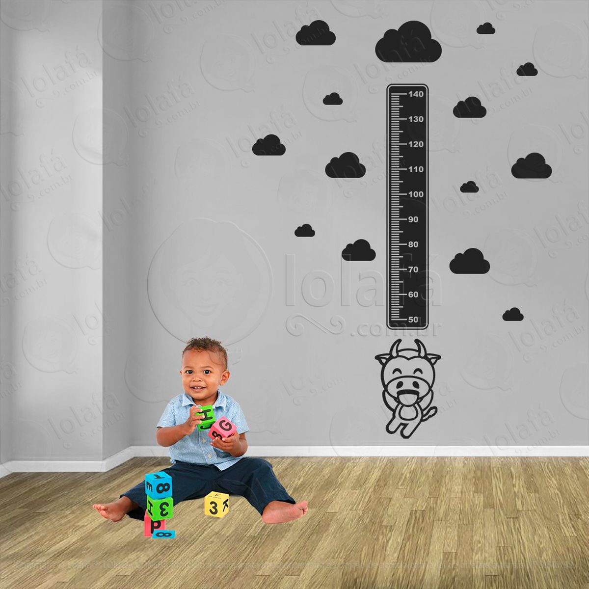 vaca e nuvens adesivo régua de crescimento infantil, medidor de altura para quarto, porta e parede - mod:800
