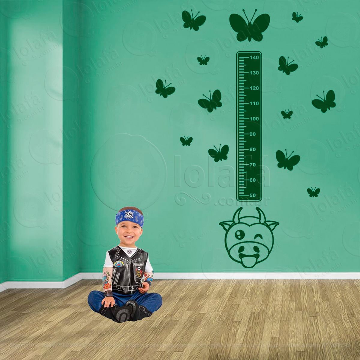 vaca e borboletas adesivo régua de crescimento infantil, medidor de altura para quarto, porta e parede - mod:801