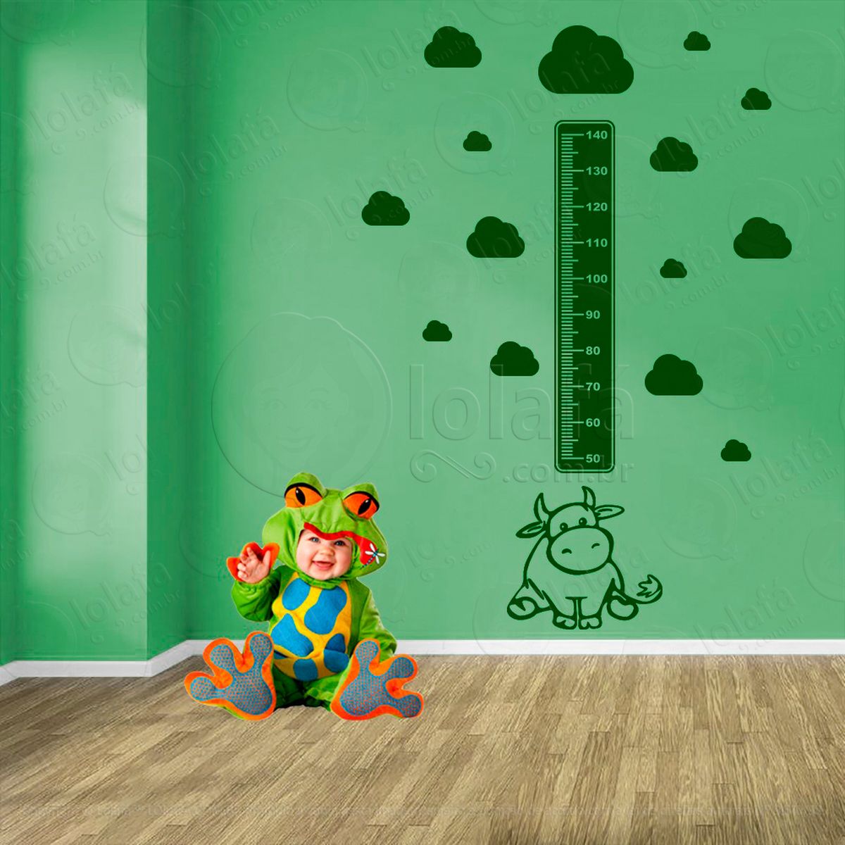 vaca e nuvens adesivo régua de crescimento infantil, medidor de altura para quarto, porta e parede - mod:803
