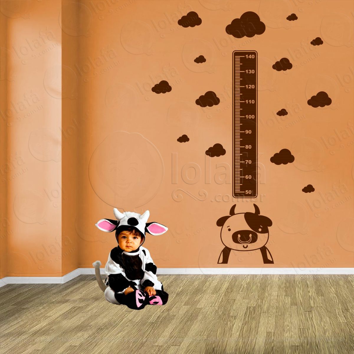 vaca e nuvens adesivo régua de crescimento infantil, medidor de altura para quarto, porta e parede - mod:806