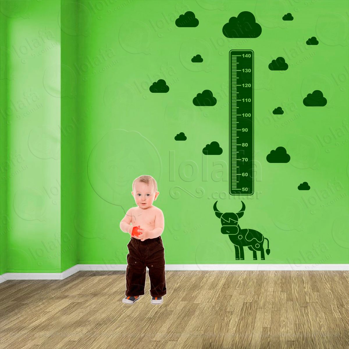 vaca e nuvens adesivo régua de crescimento infantil, medidor de altura para quarto, porta e parede - mod:809