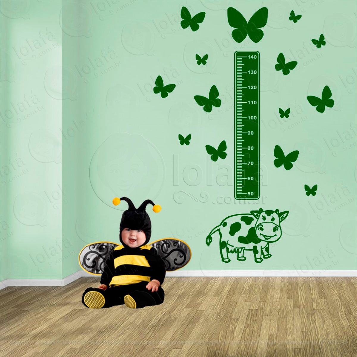 vaca e borboletas adesivo régua de crescimento infantil, medidor de altura para quarto, porta e parede - mod:810