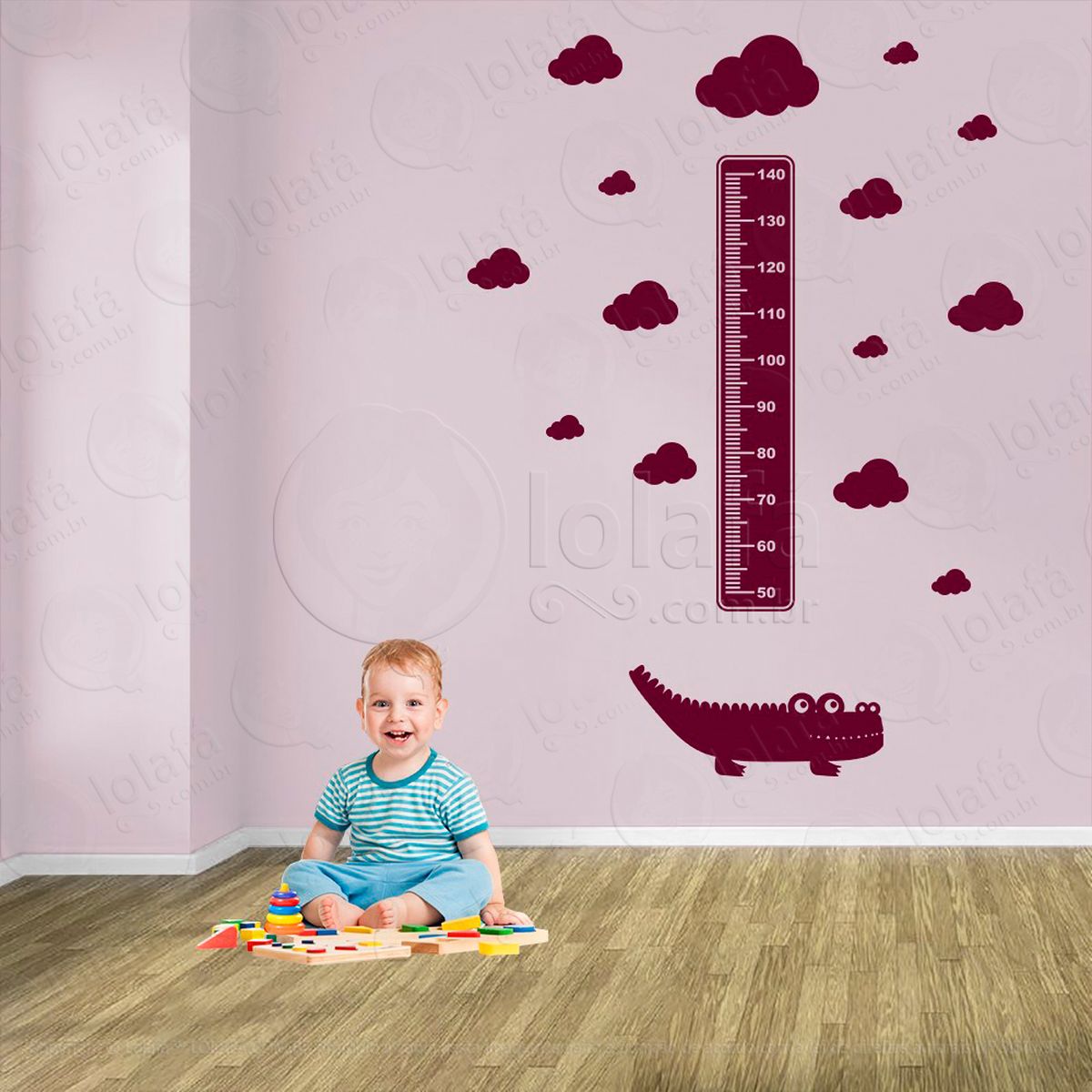 jacaré e nuvens adesivo régua de crescimento infantil, medidor de altura para quarto, porta e parede - mod:818