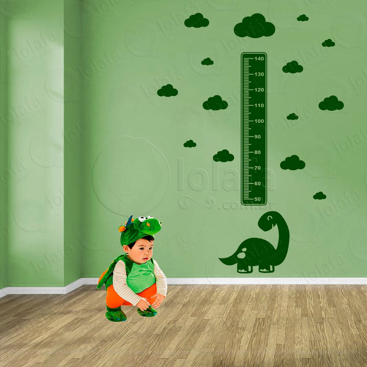 dinossauro e nuvens adesivo régua de crescimento infantil, medidor de altura para quarto, porta e parede - mod:821