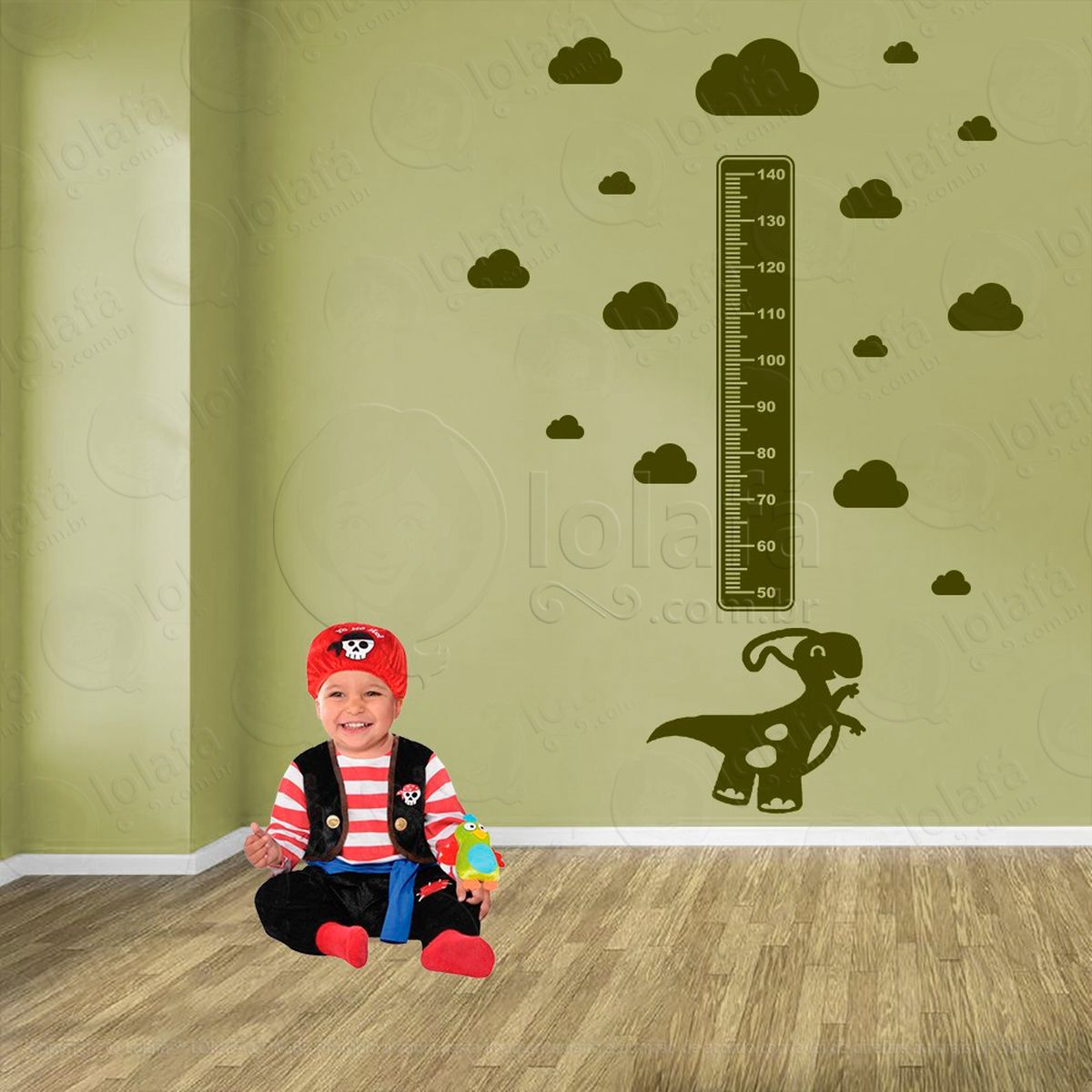 dinossauro e nuvens adesivo régua de crescimento infantil, medidor de altura para quarto, porta e parede - mod:823