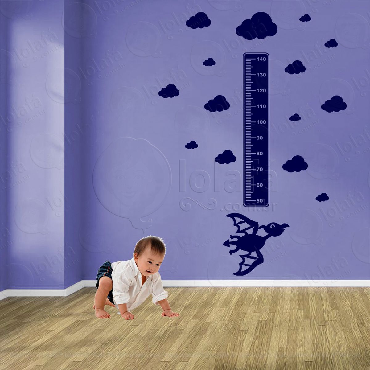 dinossauro e nuvens adesivo régua de crescimento infantil, medidor de altura para quarto, porta e parede - mod:827