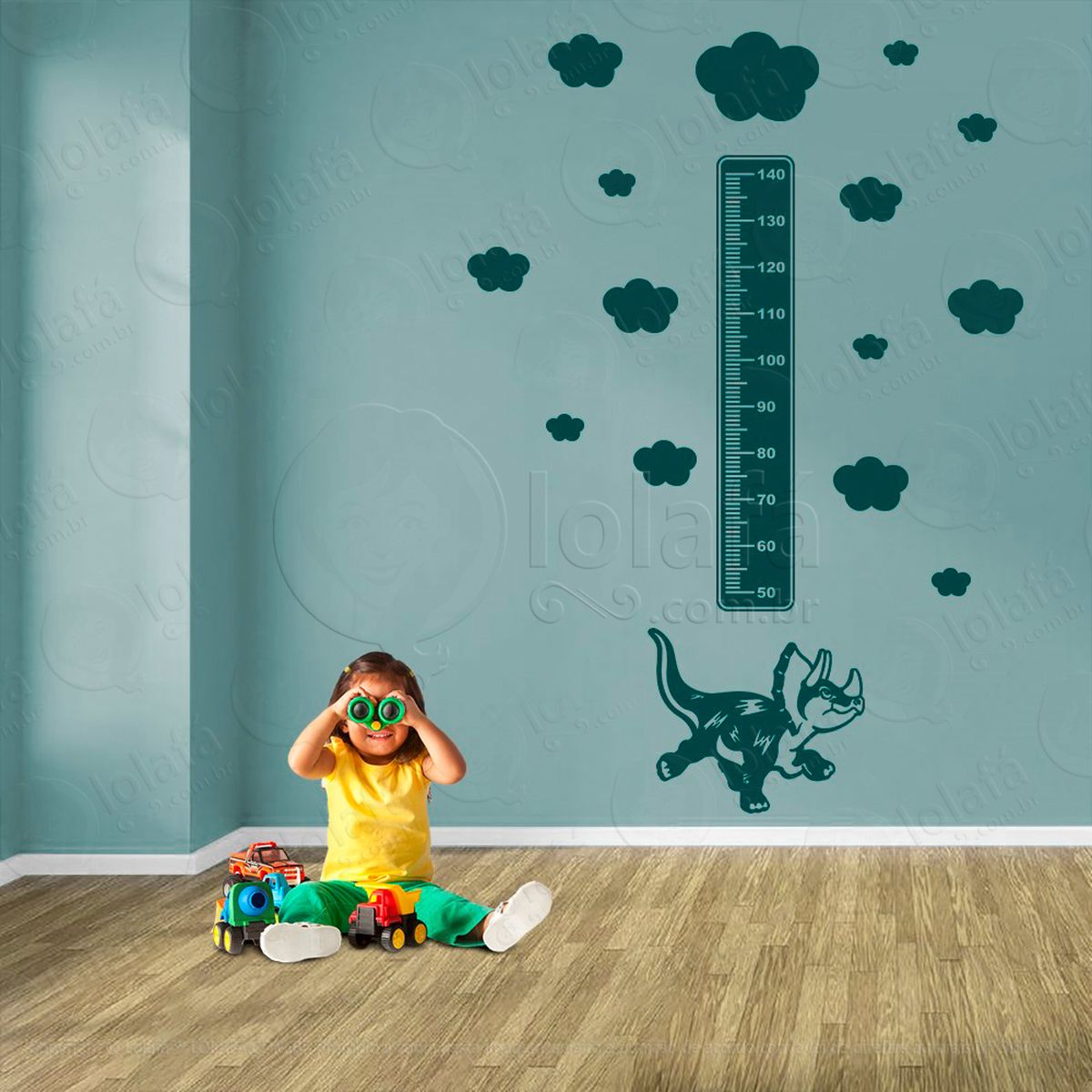 dinossauro e nuvens adesivo régua de crescimento infantil, medidor de altura para quarto, porta e parede - mod:831