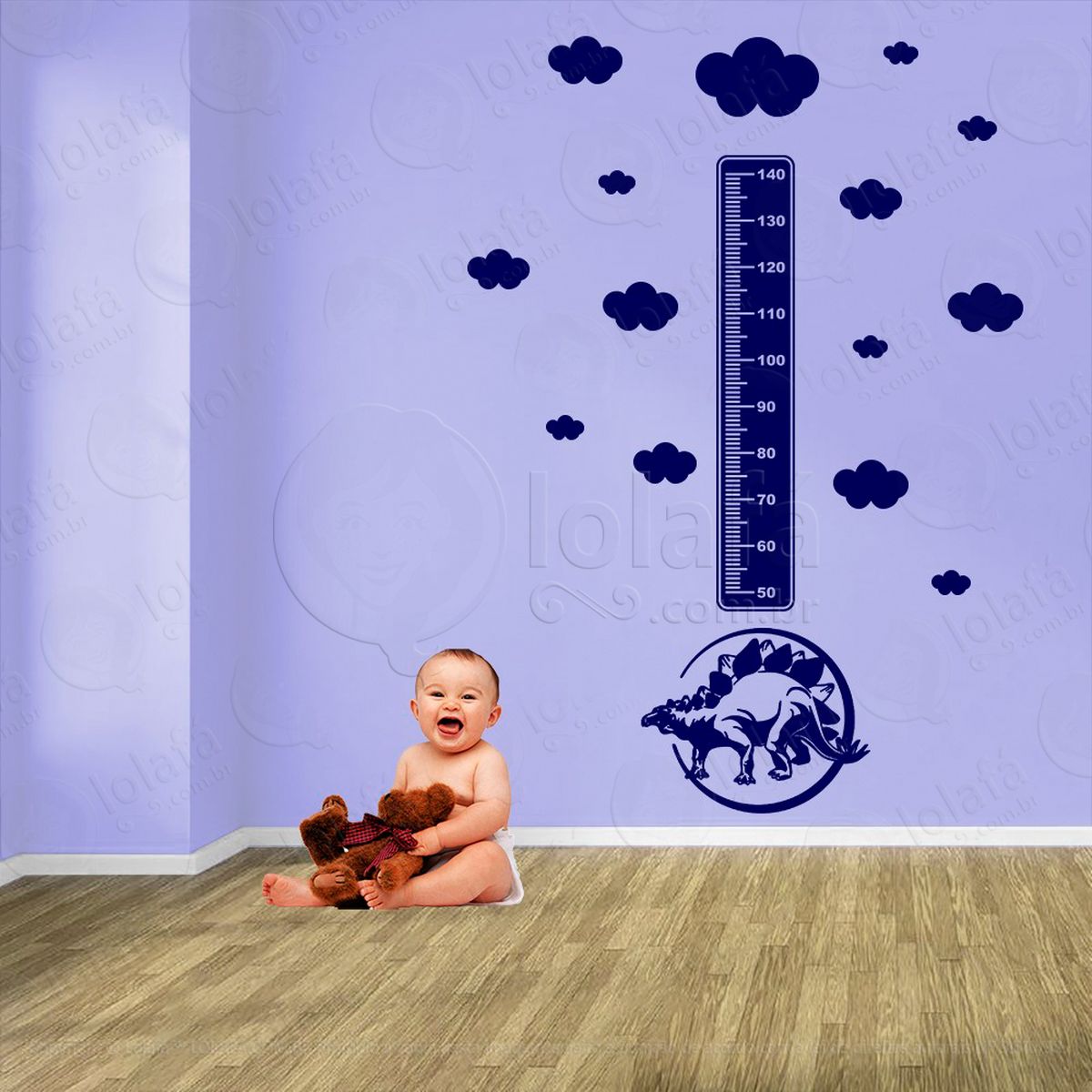 dinossauro e nuvens adesivo régua de crescimento infantil, medidor de altura para quarto, porta e parede - mod:833