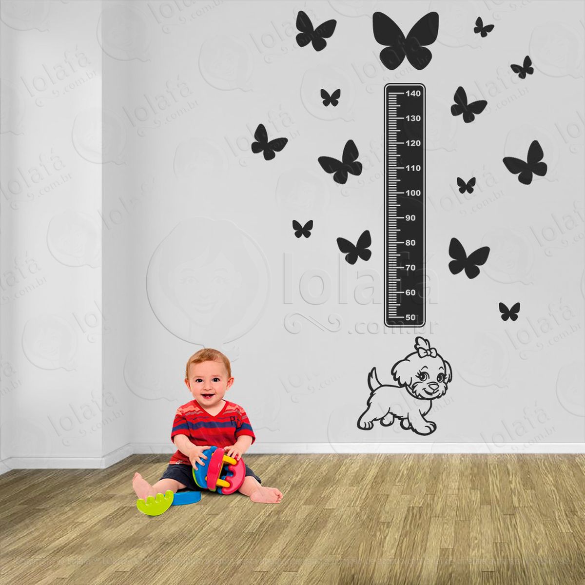 cachorro e borboletas adesivo régua de crescimento infantil, medidor de altura para quarto, porta e parede - mod:837
