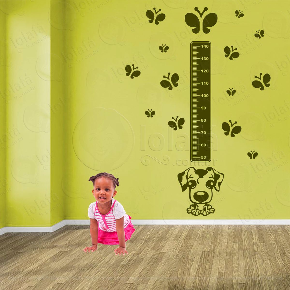 cachorro e borboletas adesivo régua de crescimento infantil, medidor de altura para quarto, porta e parede - mod:841