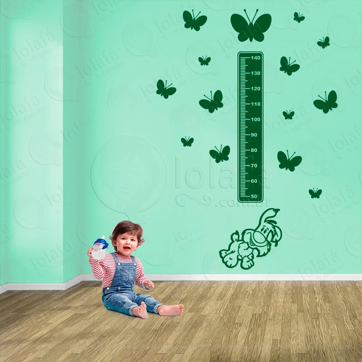 cachorro e borboletas adesivo régua de crescimento infantil, medidor de altura para quarto, porta e parede - mod:845