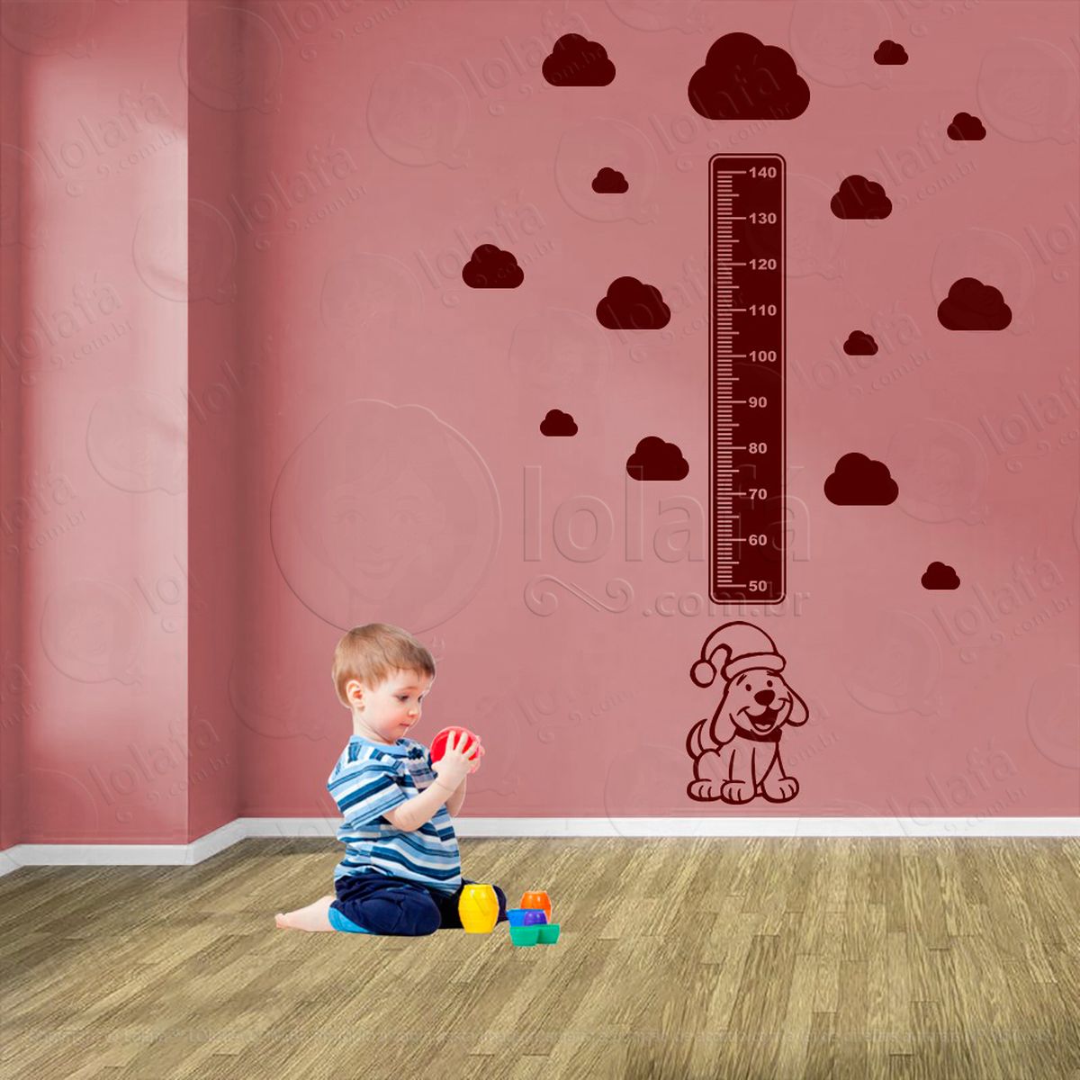 cachorro e nuvens adesivo régua de crescimento infantil, medidor de altura para quarto, porta e parede - mod:846