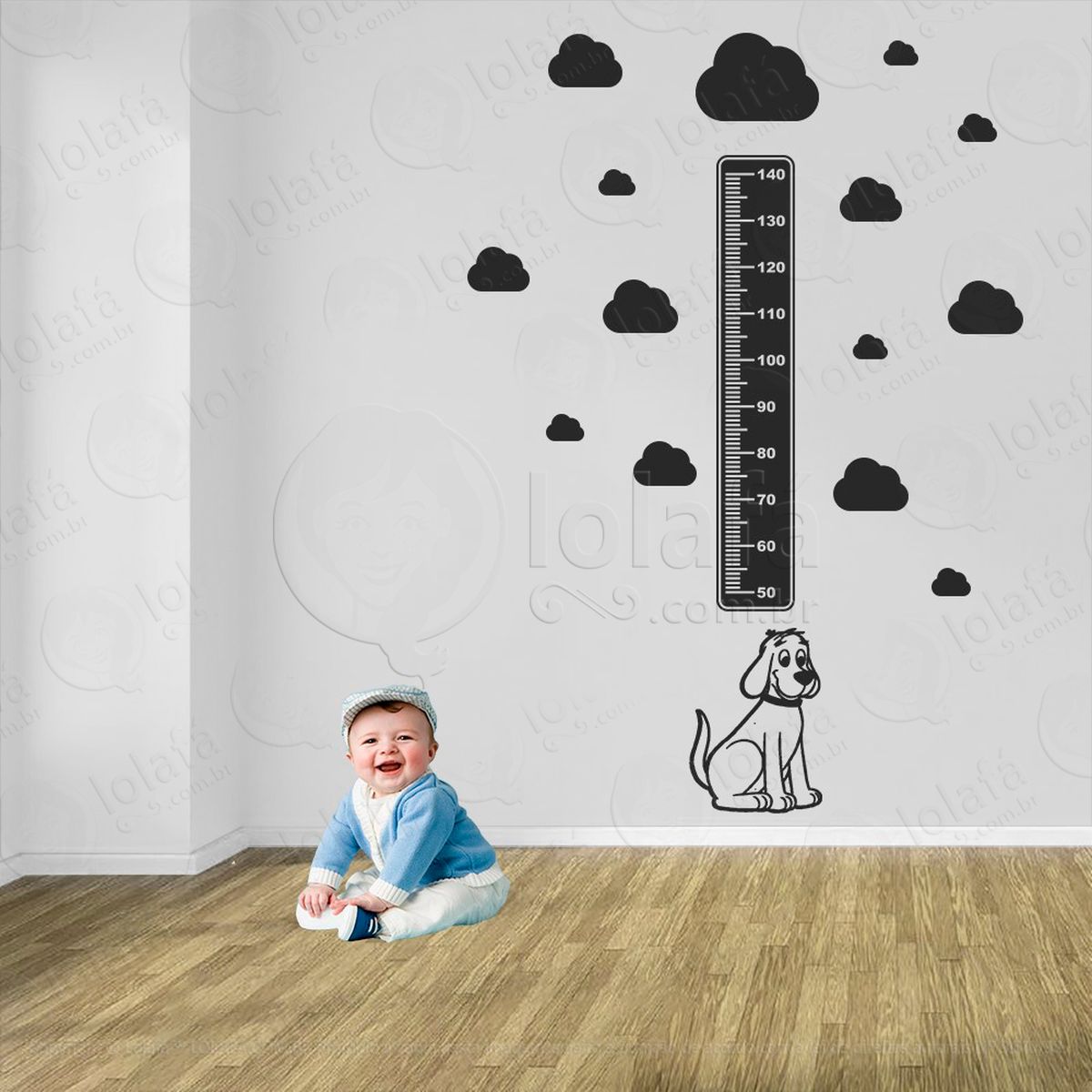 cachorro e nuvens adesivo régua de crescimento infantil, medidor de altura para quarto, porta e parede - mod:848