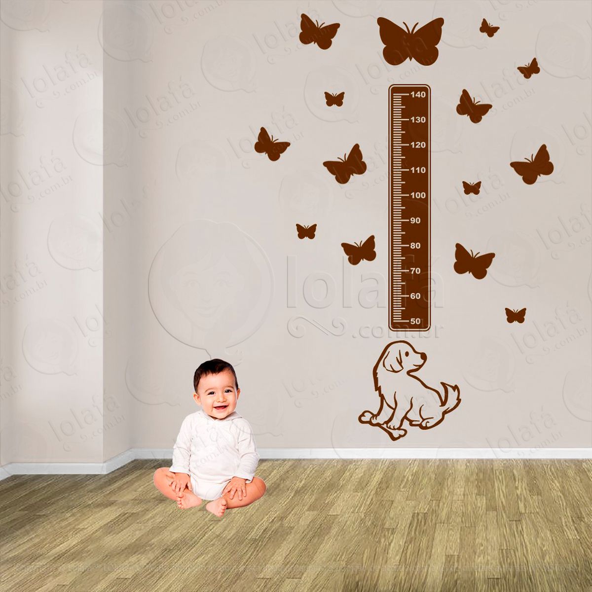 cachorro e borboletas adesivo régua de crescimento infantil, medidor de altura para quarto, porta e parede - mod:849