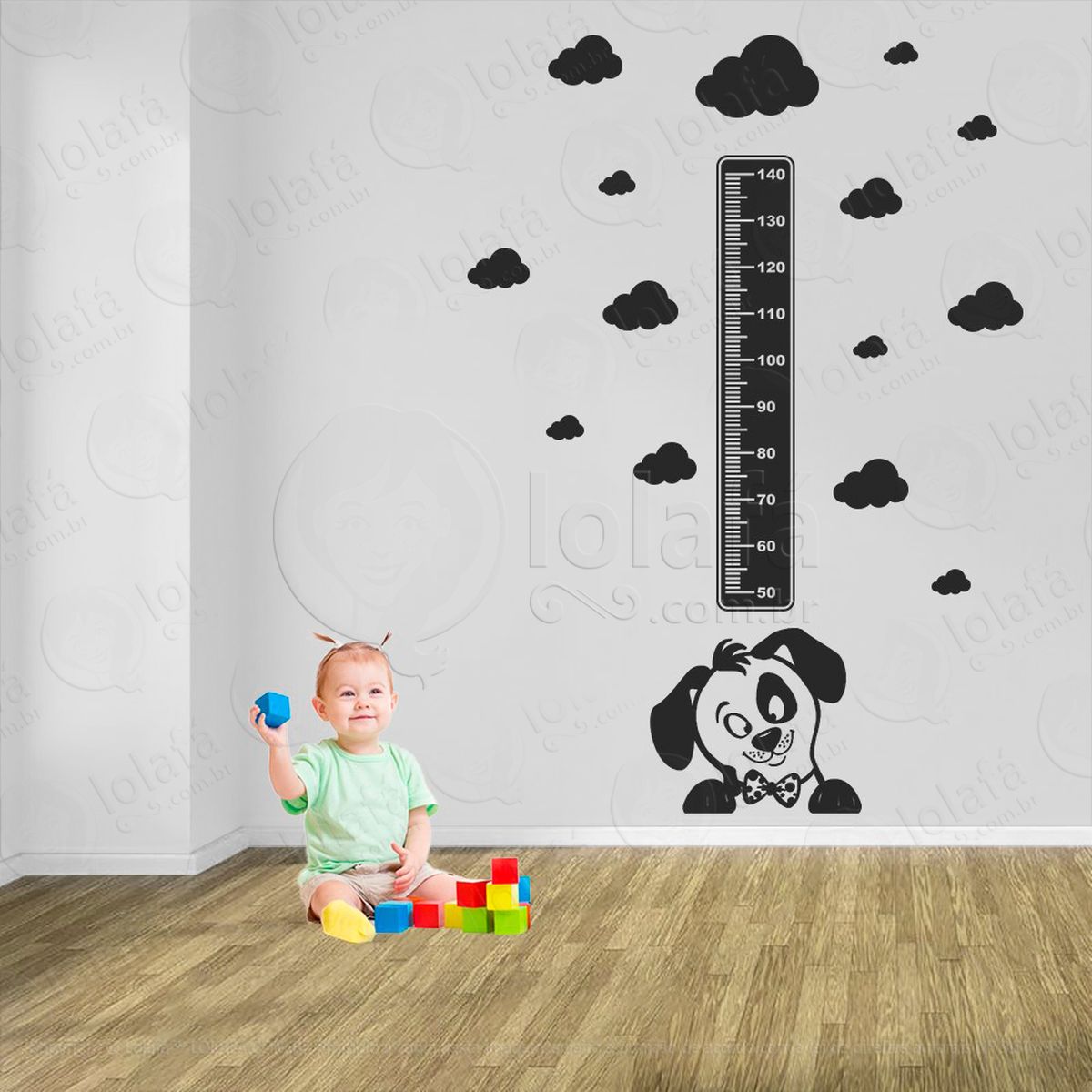 cachorro e nuvens adesivo régua de crescimento infantil, medidor de altura para quarto, porta e parede - mod:850