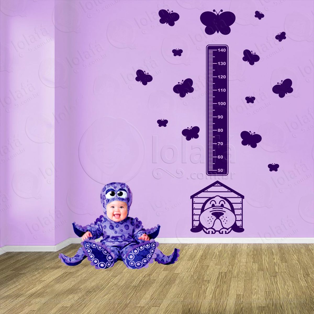 cachorro e borboletas adesivo régua de crescimento infantil, medidor de altura para quarto, porta e parede - mod:853