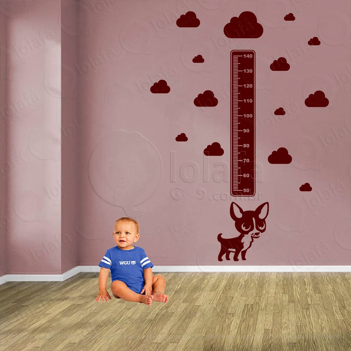 cachorro e nuvens adesivo régua de crescimento infantil, medidor de altura para quarto, porta e parede - mod:854