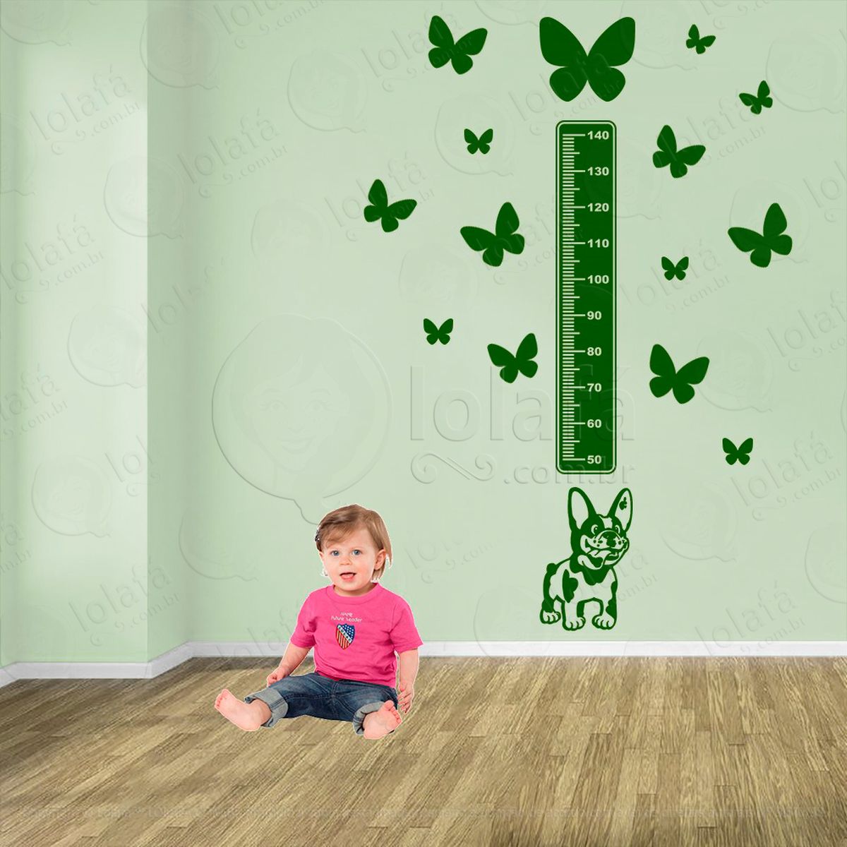 cachorro e borboletas adesivo régua de crescimento infantil, medidor de altura para quarto, porta e parede - mod:858