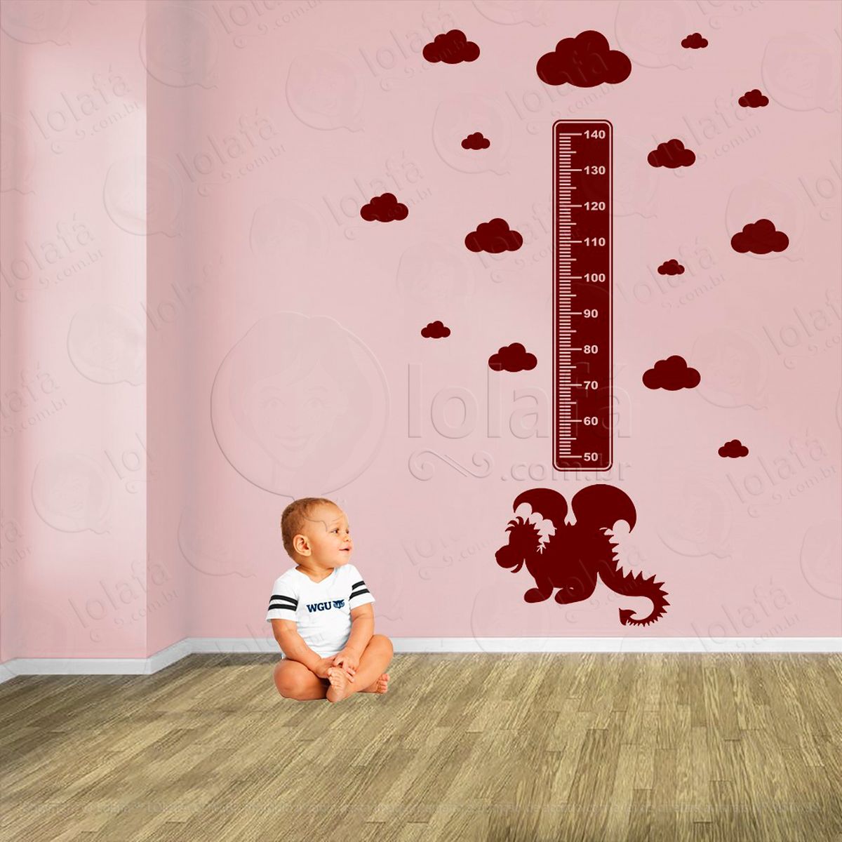 dragão e nuvens adesivo régua de crescimento infantil, medidor de altura para quarto, porta e parede - mod:859