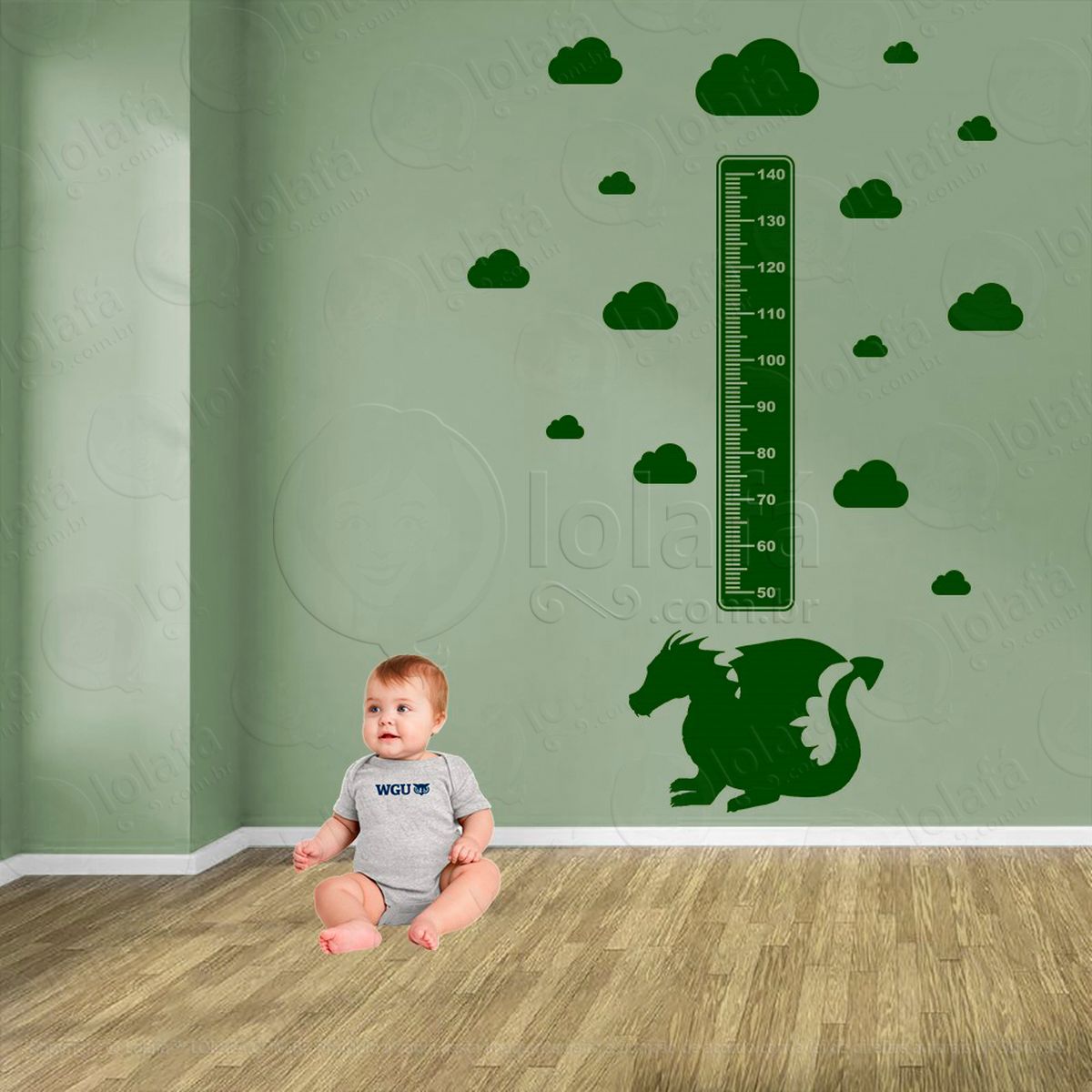 dragão e nuvens adesivo régua de crescimento infantil, medidor de altura para quarto, porta e parede - mod:861