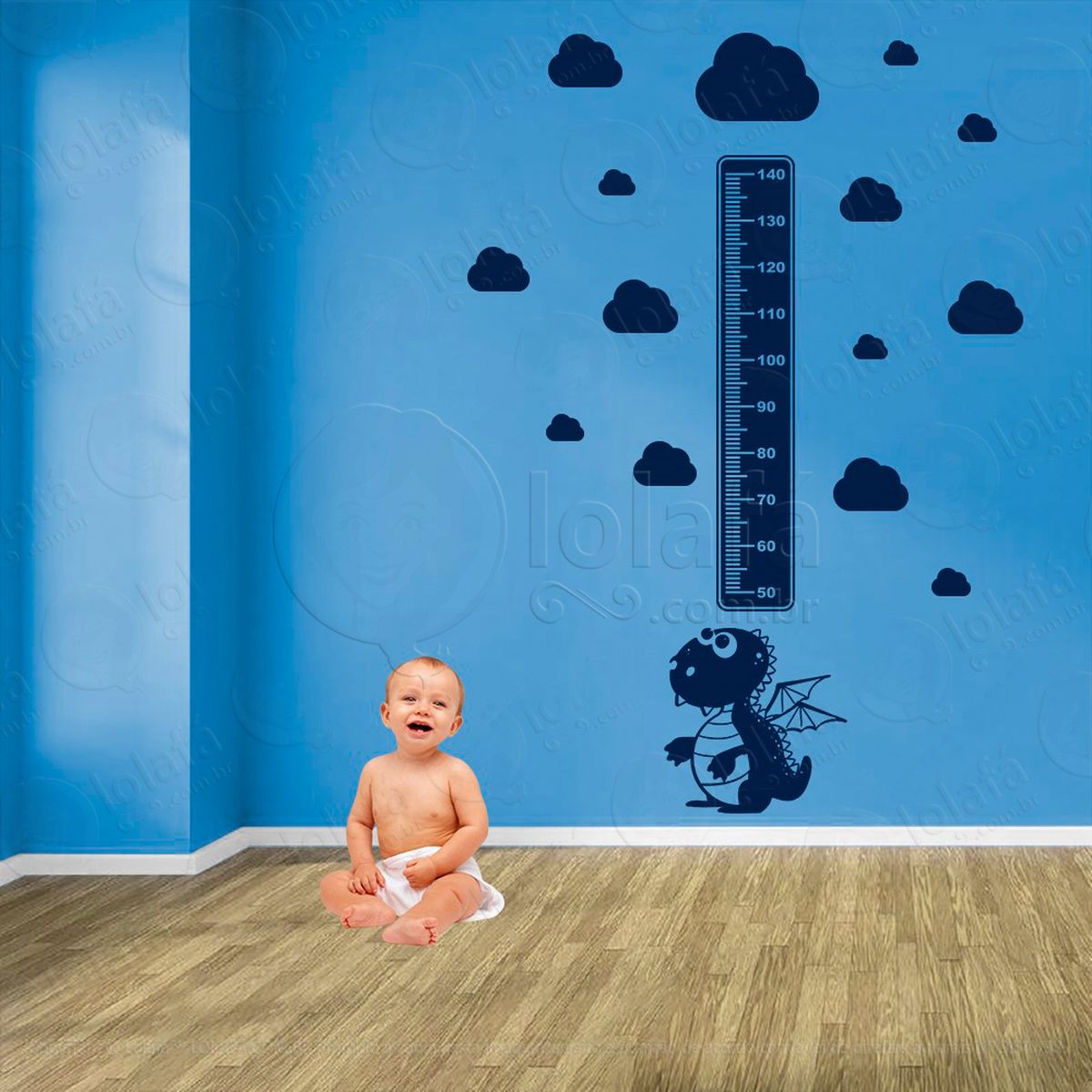 dragão e nuvens adesivo régua de crescimento infantil, medidor de altura para quarto, porta e parede - mod:863