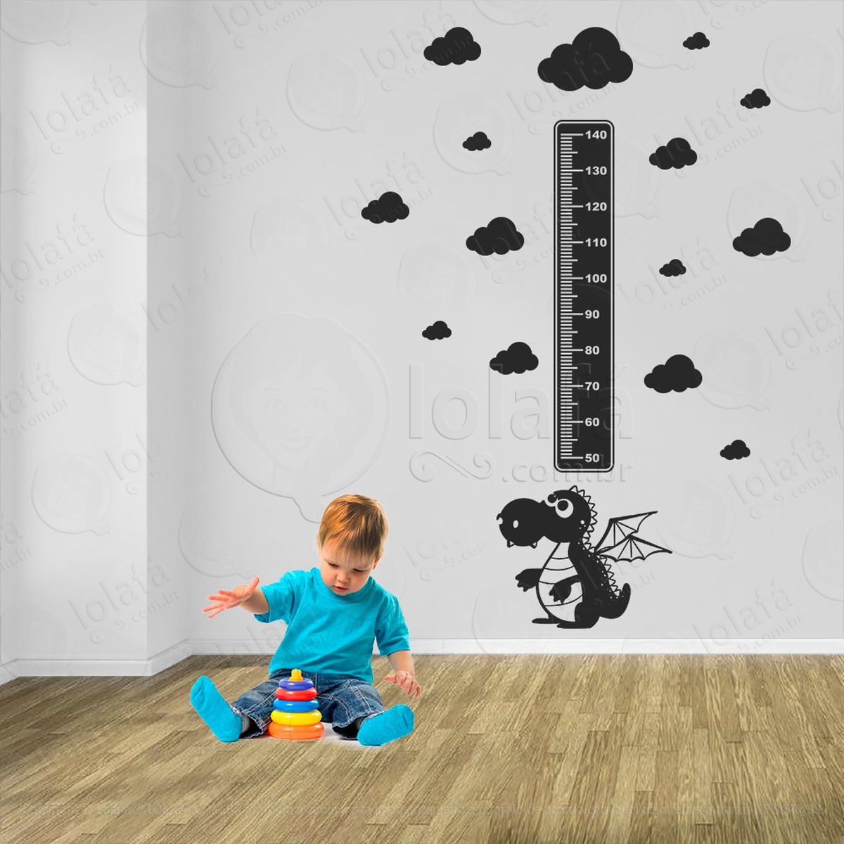 dragão e nuvens adesivo régua de crescimento infantil, medidor de altura para quarto, porta e parede - mod:865