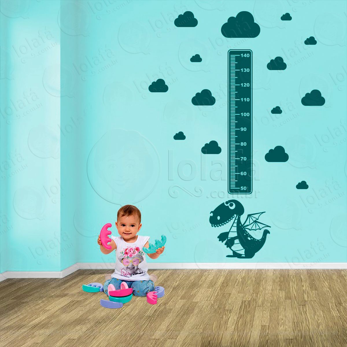 dragão e nuvens adesivo régua de crescimento infantil, medidor de altura para quarto, porta e parede - mod:867