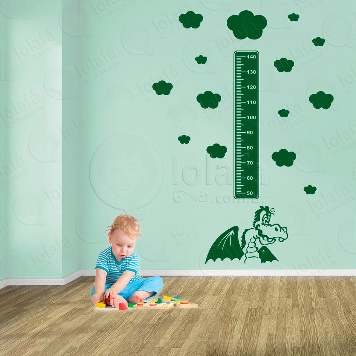dragão e nuvens adesivo régua de crescimento infantil, medidor de altura para quarto, porta e parede - mod:869