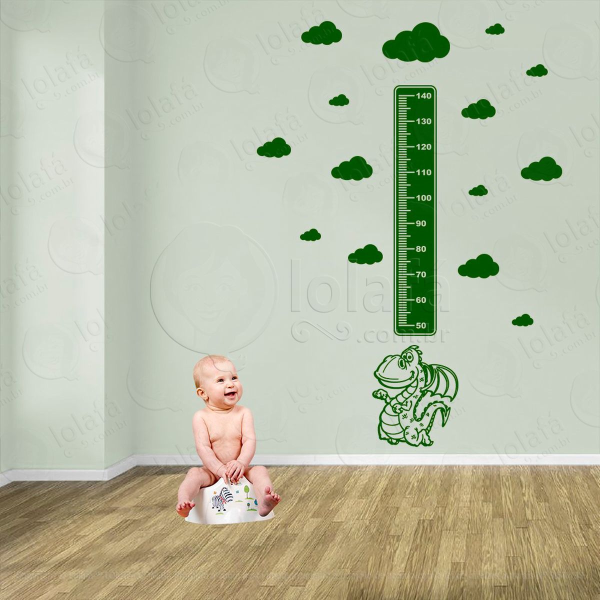 dragão e nuvens adesivo régua de crescimento infantil, medidor de altura para quarto, porta e parede - mod:873