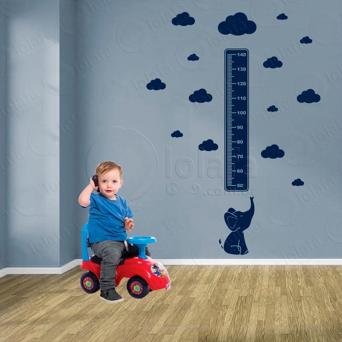 elefante e nuvens adesivo régua de crescimento infantil, medidor de altura para quarto, porta e parede - mod:887