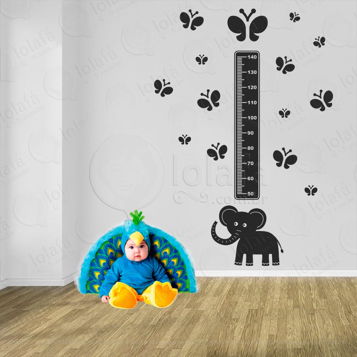 elefante e borboletas adesivo régua de crescimento infantil, medidor de altura para quarto, porta e parede - mod:888