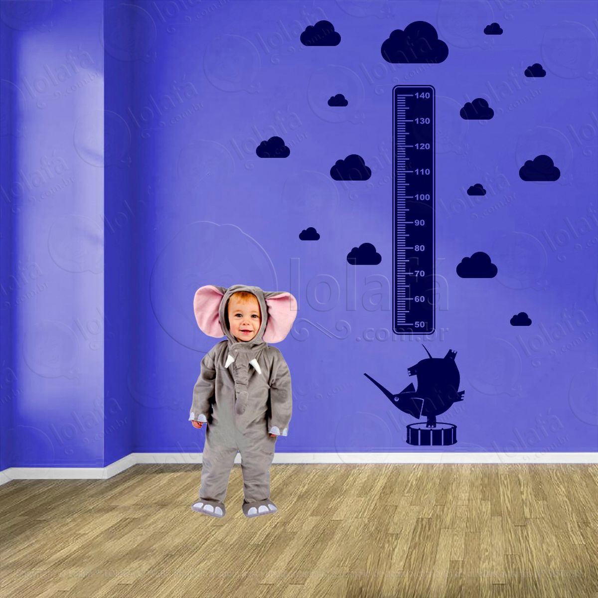 elefante e nuvens adesivo régua de crescimento infantil, medidor de altura para quarto, porta e parede - mod:891