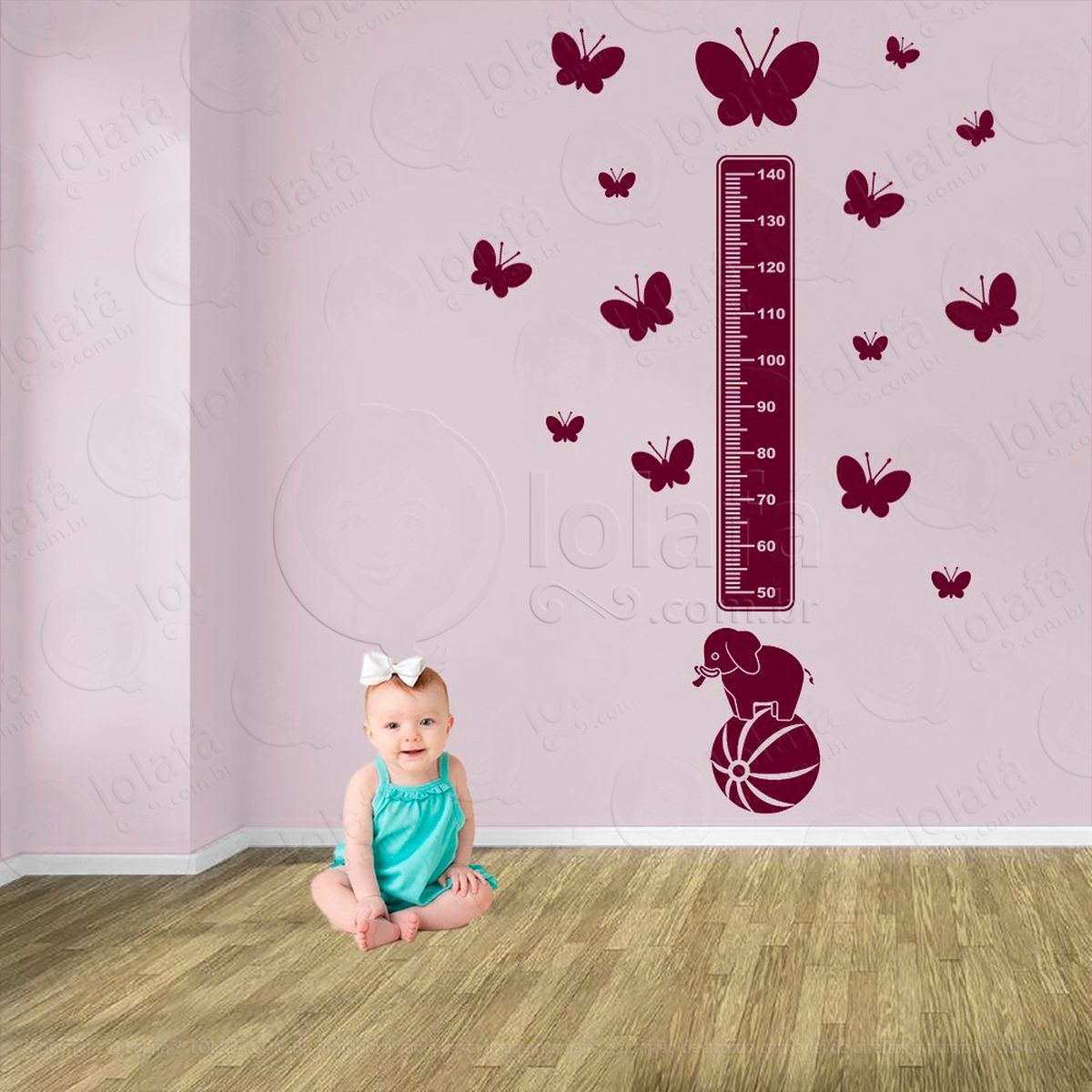 elefante e borboletas adesivo régua de crescimento infantil, medidor de altura para quarto, porta e parede - mod:892