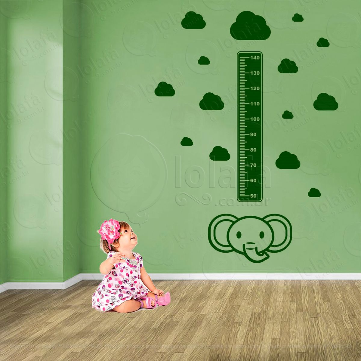 elefante e nuvens adesivo régua de crescimento infantil, medidor de altura para quarto, porta e parede - mod:895