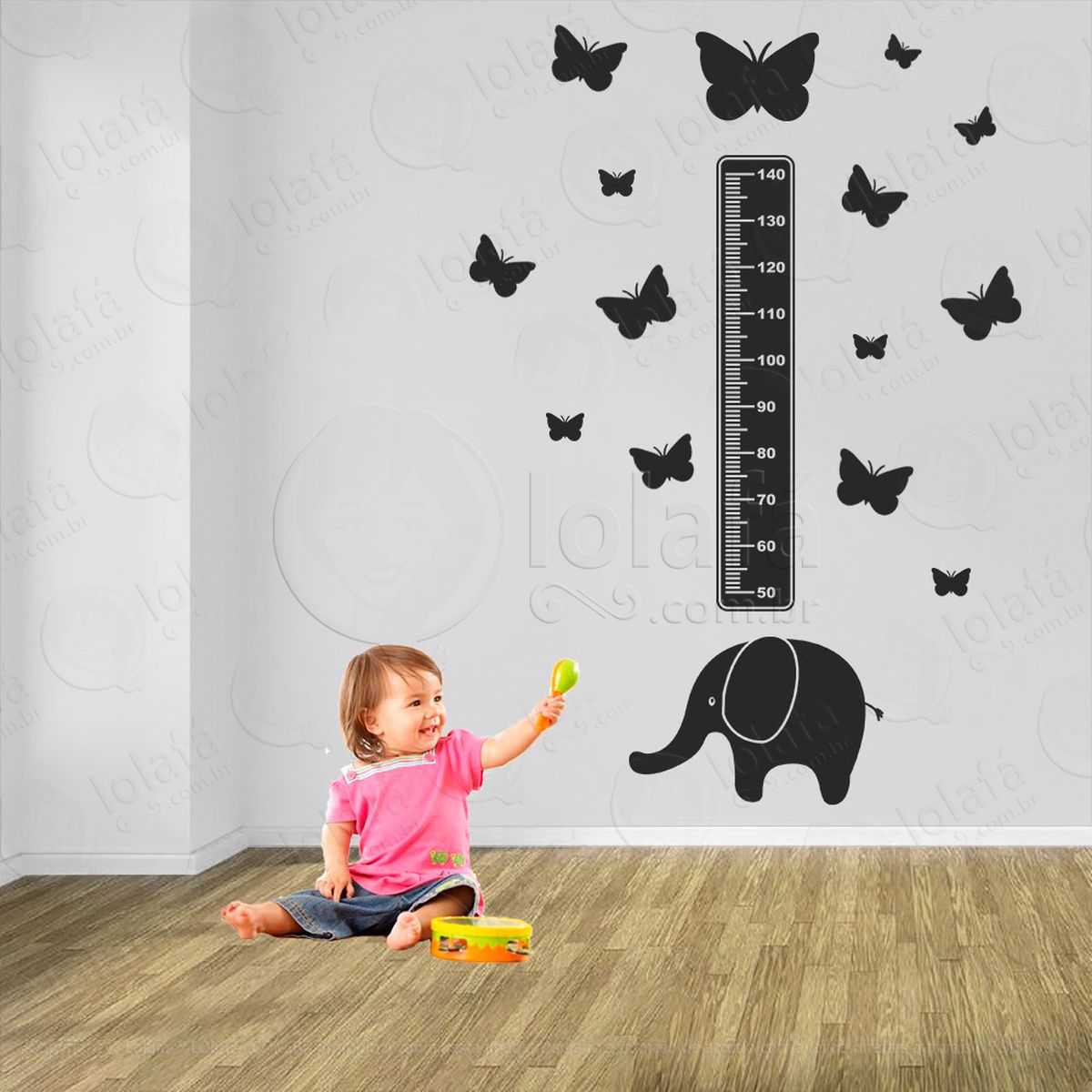 elefante e borboletas adesivo régua de crescimento infantil, medidor de altura para quarto, porta e parede - mod:896