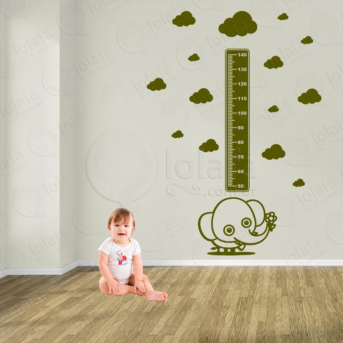 elefante e nuvens adesivo régua de crescimento infantil, medidor de altura para quarto, porta e parede - mod:899