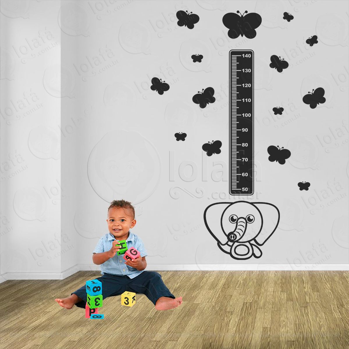 elefante e borboletas adesivo régua de crescimento infantil, medidor de altura para quarto, porta e parede - mod:900