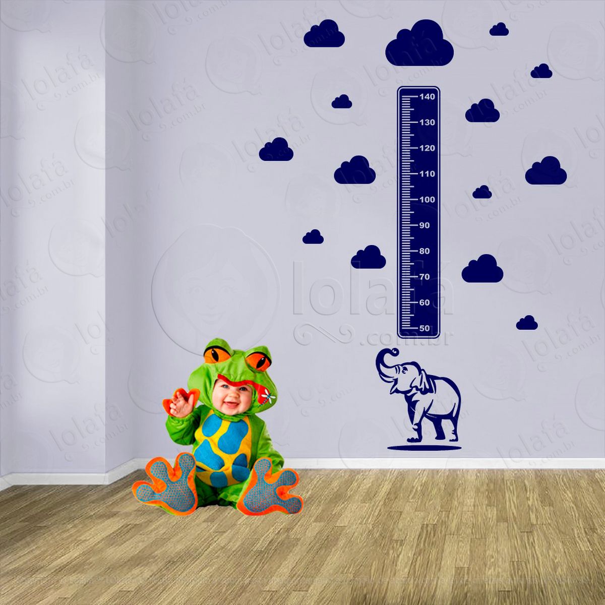 elefante e nuvens adesivo régua de crescimento infantil, medidor de altura para quarto, porta e parede - mod:903