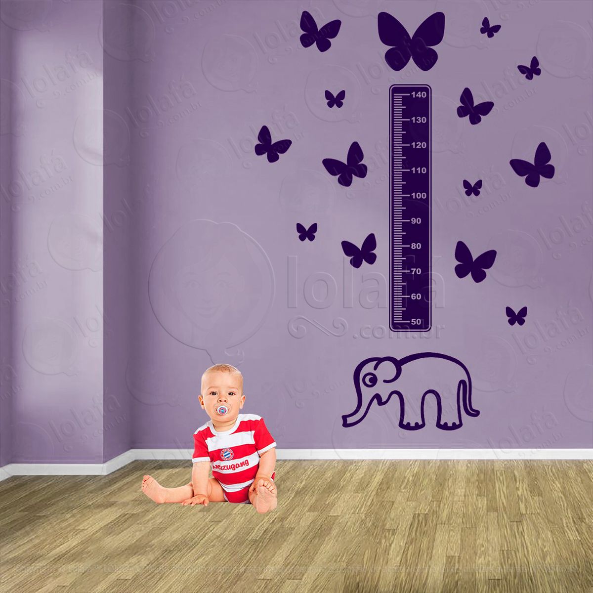 elefante e borboletas adesivo régua de crescimento infantil, medidor de altura para quarto, porta e parede - mod:904