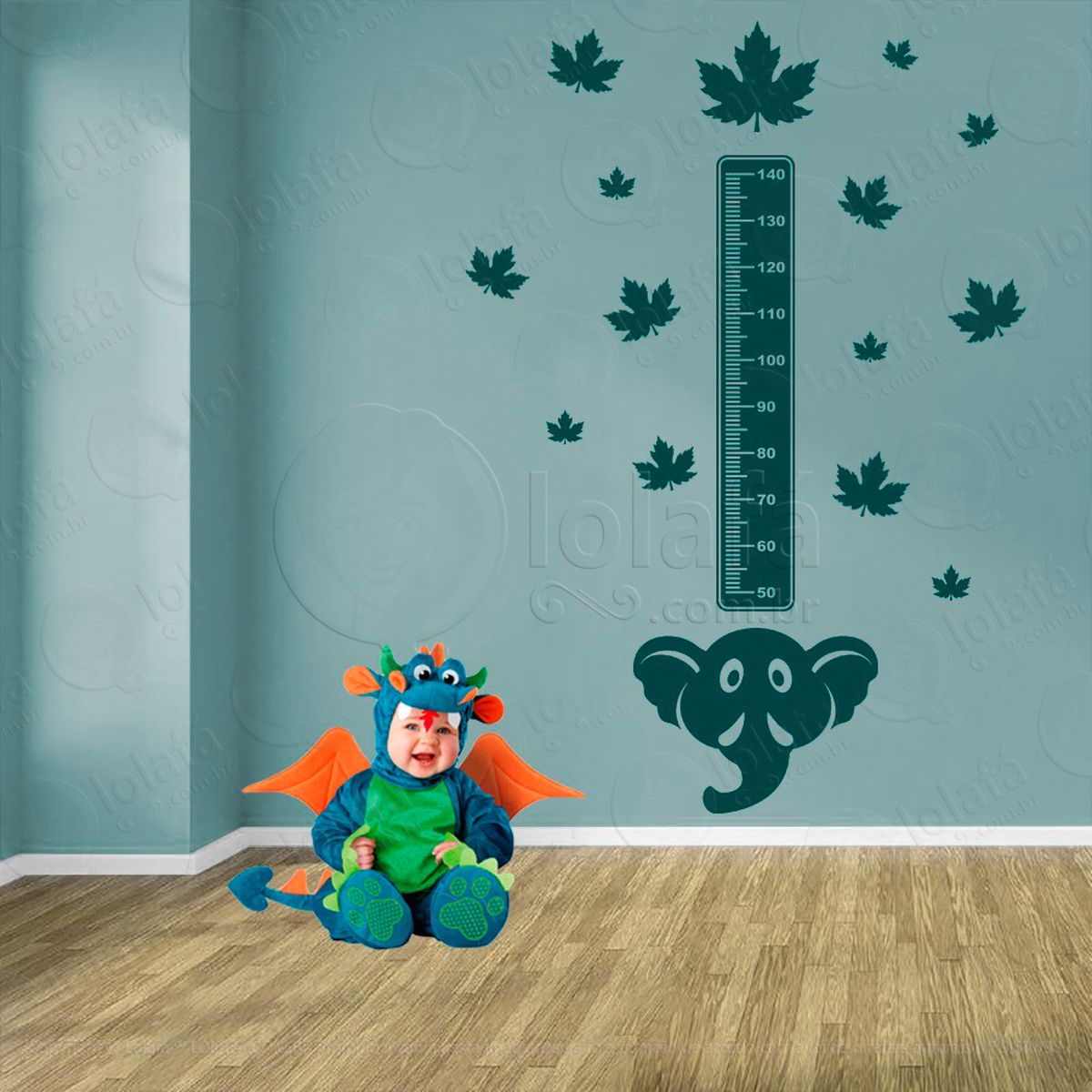 elefante e folhas adesivo régua de crescimento infantil, medidor de altura para quarto, porta e parede - mod:905