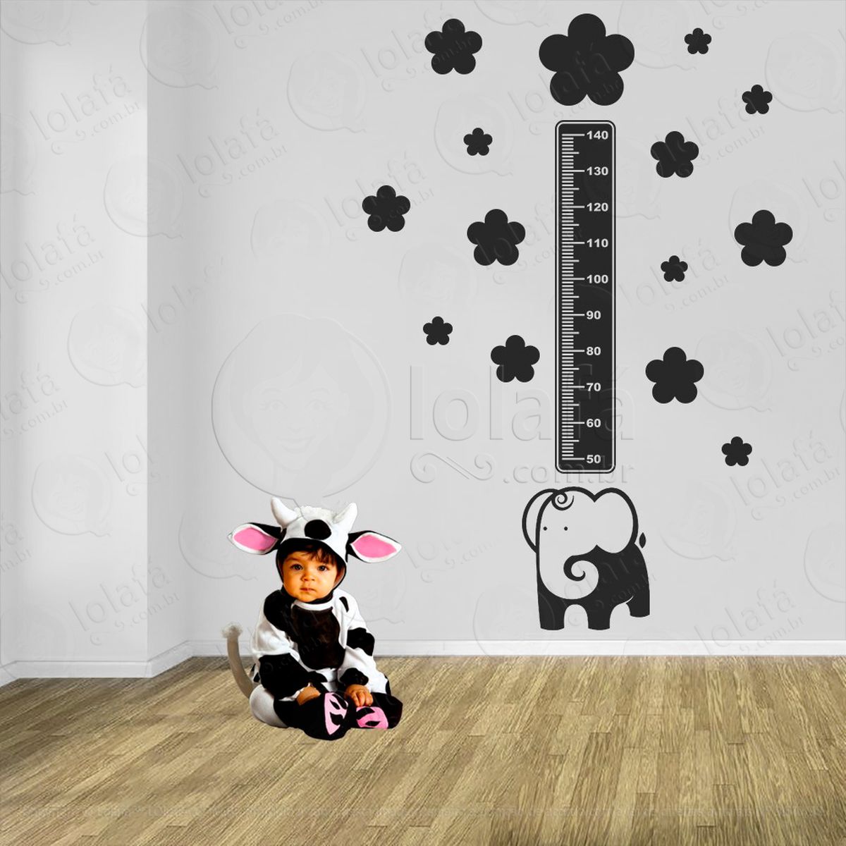 elefante e flores adesivo régua de crescimento infantil, medidor de altura para quarto, porta e parede - mod:906