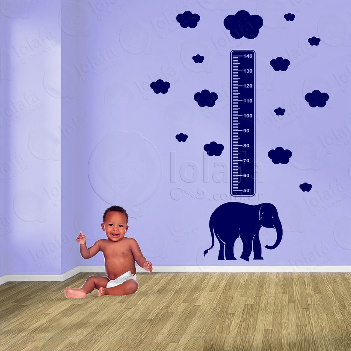 elefante e nuvens adesivo régua de crescimento infantil, medidor de altura para quarto, porta e parede - mod:907