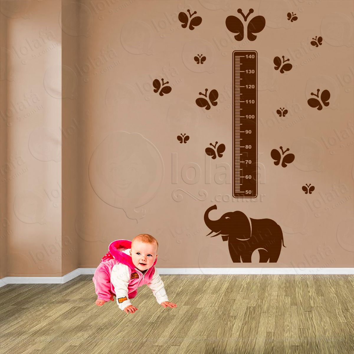 elefante e borboletas adesivo régua de crescimento infantil, medidor de altura para quarto, porta e parede - mod:908