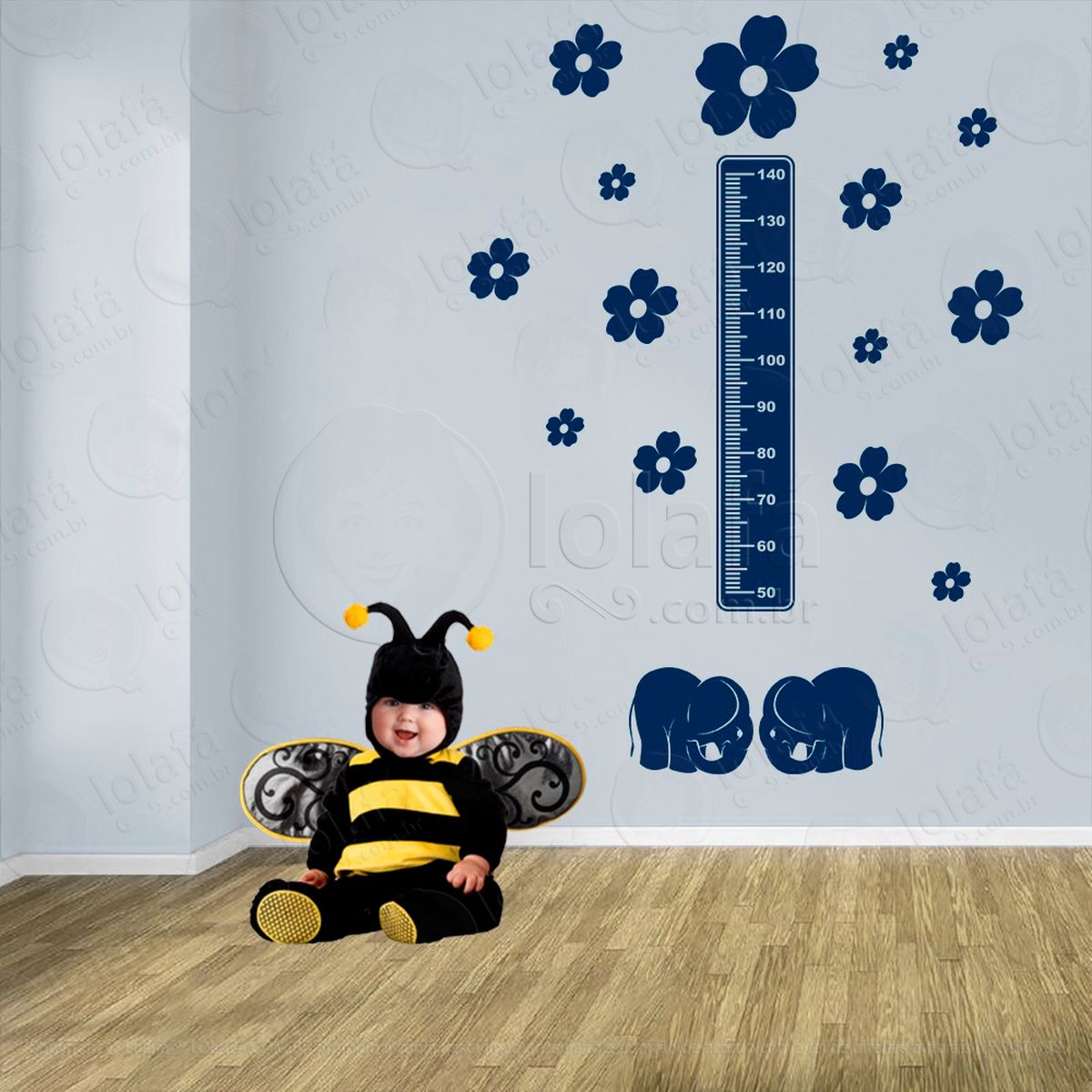 elefante e flores adesivo régua de crescimento infantil, medidor de altura para quarto, porta e parede - mod:910