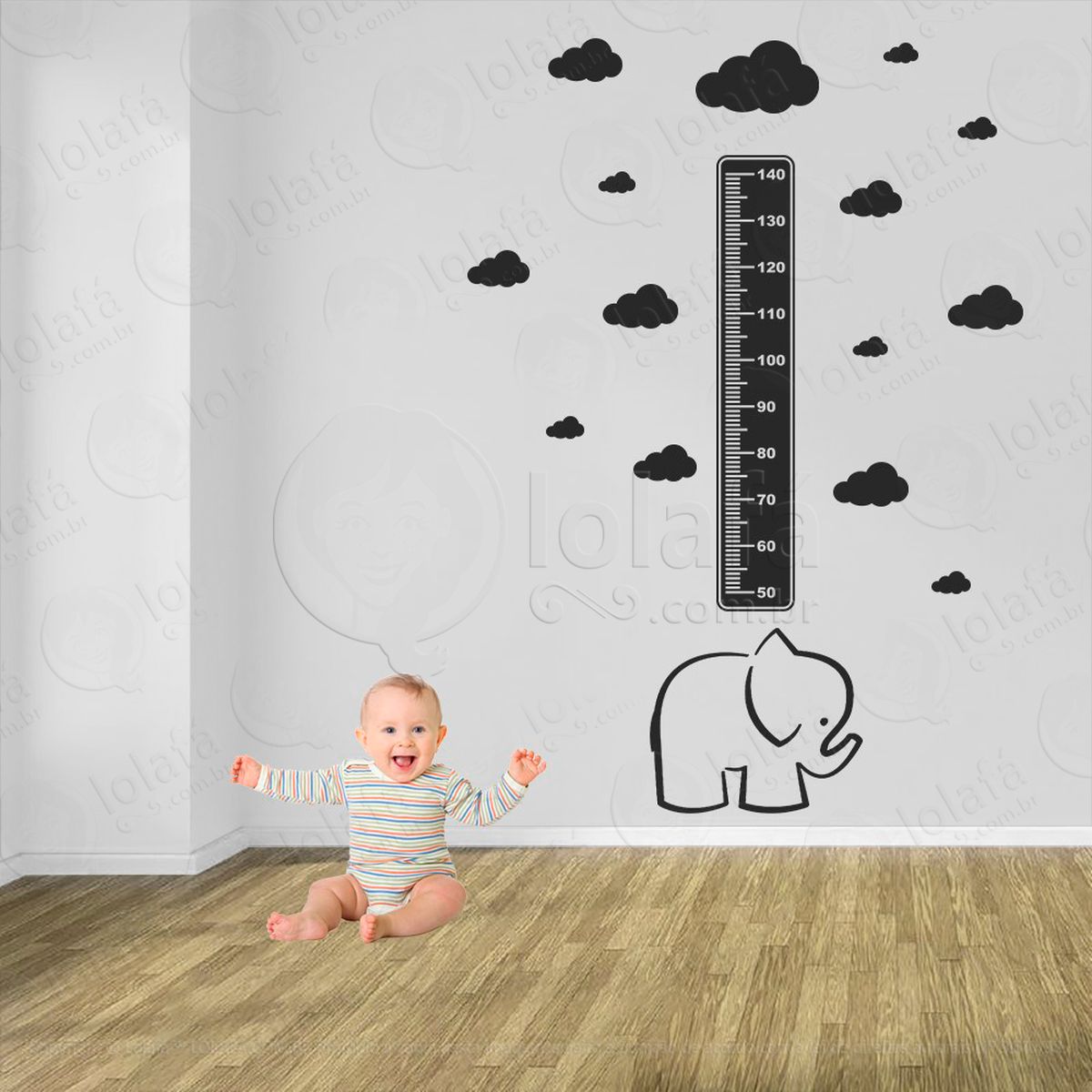 elefante e nuvens adesivo régua de crescimento infantil, medidor de altura para quarto, porta e parede - mod:911