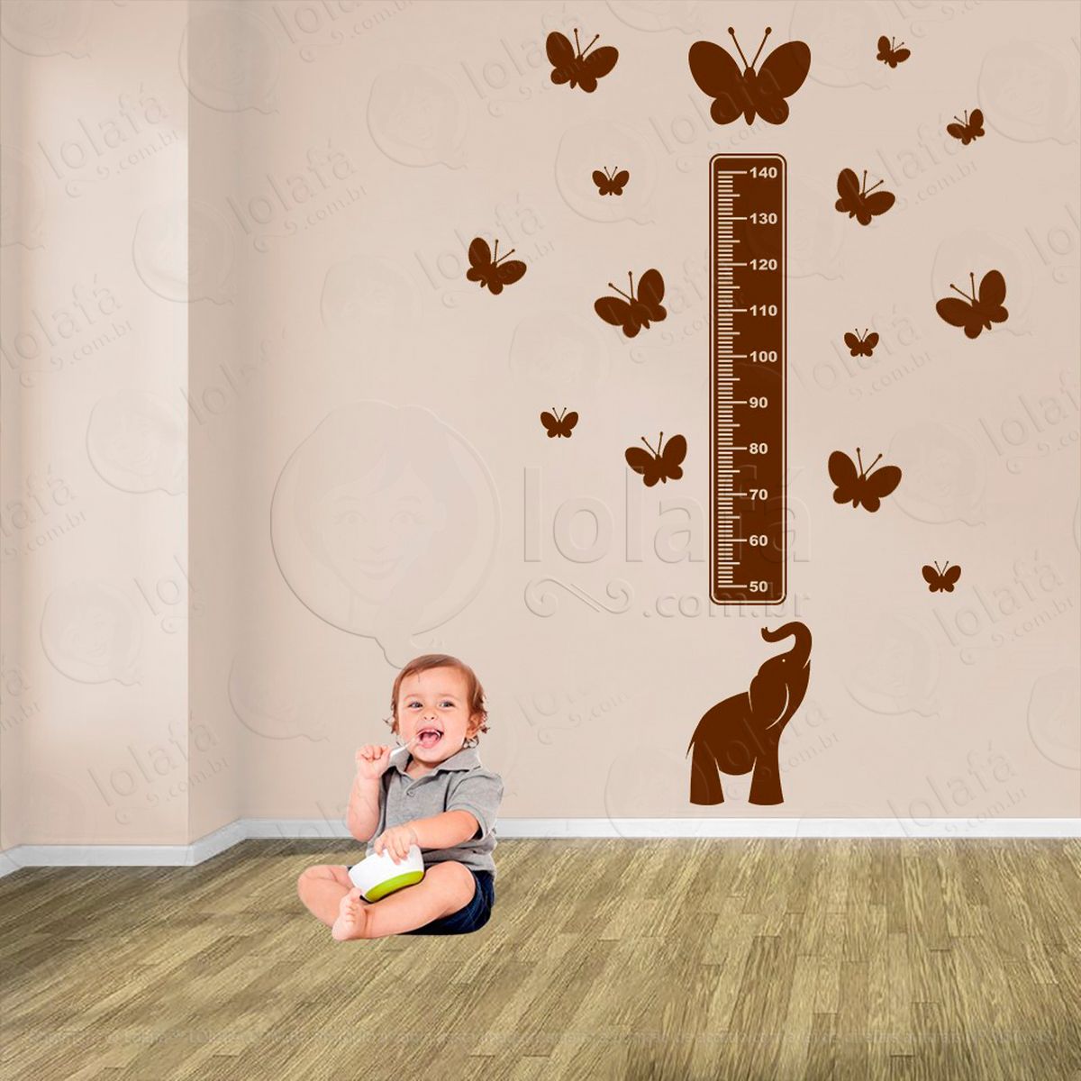 elefante e borboletas adesivo régua de crescimento infantil, medidor de altura para quarto, porta e parede - mod:912