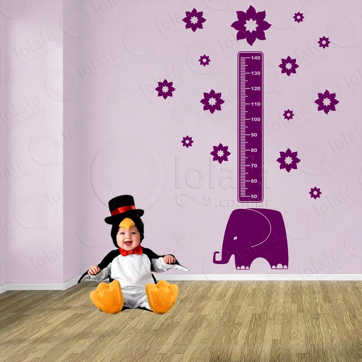 elefante e flores adesivo régua de crescimento infantil, medidor de altura para quarto, porta e parede - mod:914